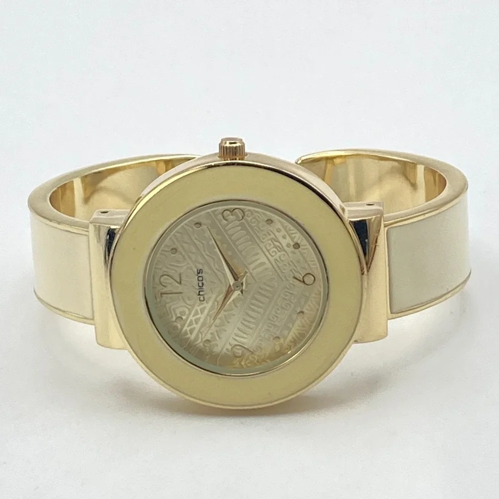 Chico's Womens Watch 35mm Gold Tone Cuff Cream Inlay Geometric New Battery 6.25